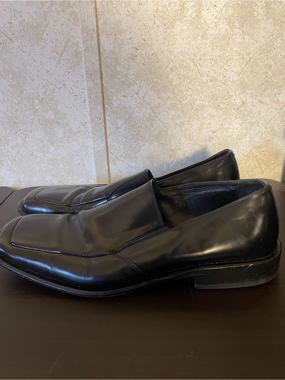 Via Spiga Black Square Toe Leather Slip-On Loafers